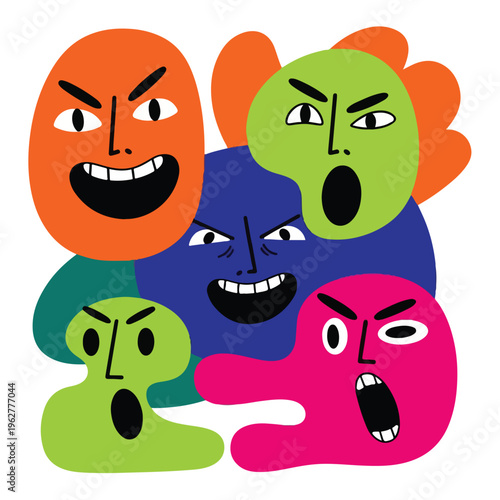 Colorful illustration of five abstract faces showing anger and frustration