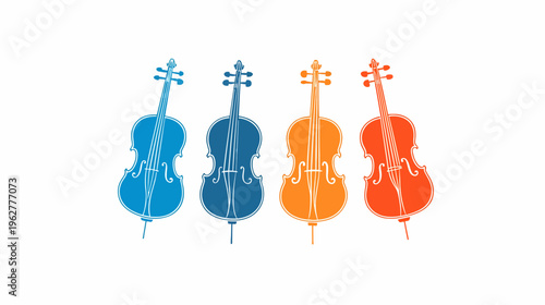 Four cellos rendered in blue, orange hues stand against plain background in digital art