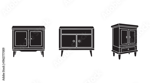 Blackandwhiteillustrationofvariousnightlytableswithdoorsanddrawersforhomefurnituredesignideas