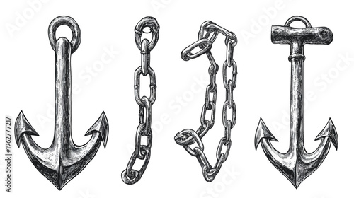 Anchors and chains are rendered in a black and white sketched style on white