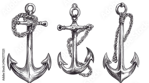 Three grey-scaled anchor illustrations with varying rope and chain configurations