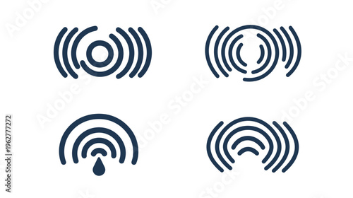 Four dark blue stylized icons of radiating signals, arcs, or waves on white