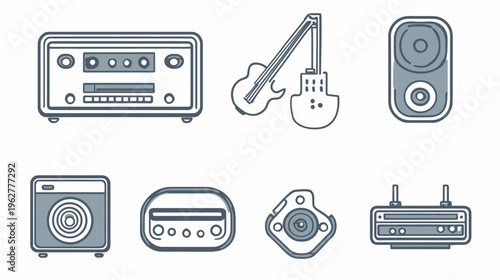 Illustration of musical and audio equipment in blue outlines on a white background