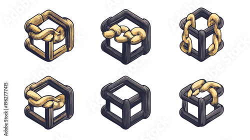 Pixel art renders of cube structures, some with chains, various styles, neutral background