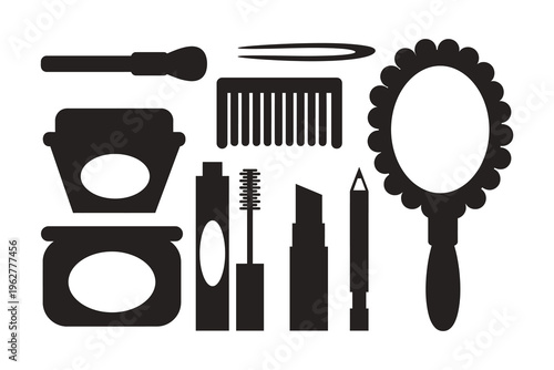 Black silhouette makeup icons set, cosmetic beauty products vector collection, vanity accessories with mirror and lipstick for salon branding