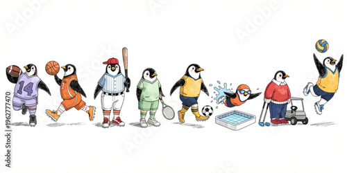 Set of funny cartoon Panquin cute animals in playful sports vector style featuring smiling characters for kids toy illustration collection