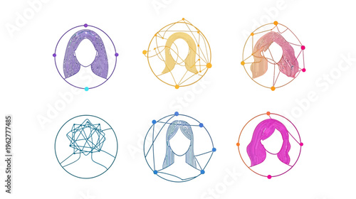 Six stylized abstract female figures with colorful hair within circles connected by lines