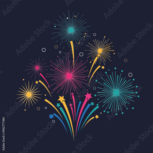 Colorful illustration of stylized fireworks against a dark background