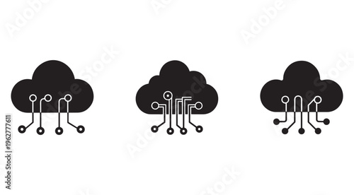 Cloud computing technology icons with circuit board connections  cloud storage and network symbols