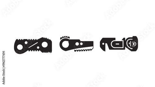 Vector black silhouette image of three abstract, multi-use tool shapes on white