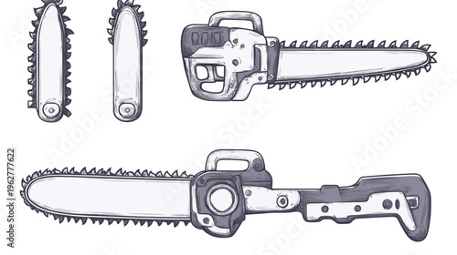Chainsaw illustration displays the tool from multiple angles with a stylized sketched look