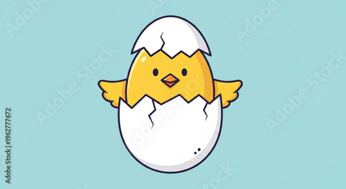 Cute yellow chick hatching from egg on light blue background symbolizing new life and beginnings in a joyful cartoon style