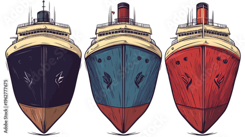 Three ships of varying colors front view with detailed sketch style rendering