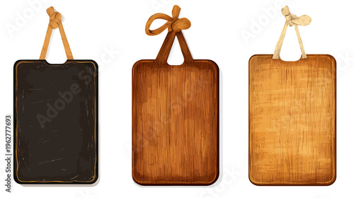Three hanging wood signs with ropes, featuring different wood textures and color shades