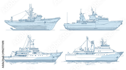 Four nautical vessel blueprints feature hatches and deck fittings in pale blue ink