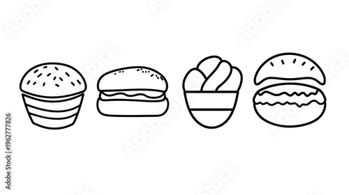 Line art of four food icons cupcake, burger, ice cream cup, and open-faced sandwich
