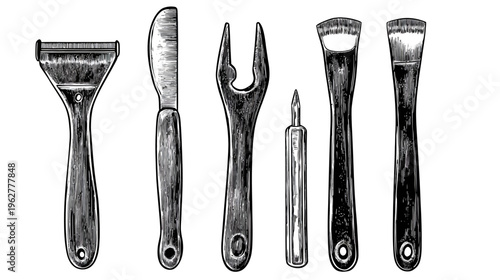 Engraved style tools - a scraper, knife, fork, awl, and two carving tools on white