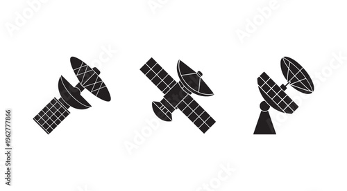 Collection of satellite silhouettes in various orientations  communication technology icons