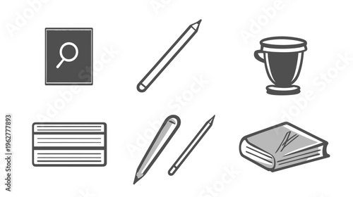 Grey scale icons of a magnifying glass, pencils, cup, books, and stylus on white