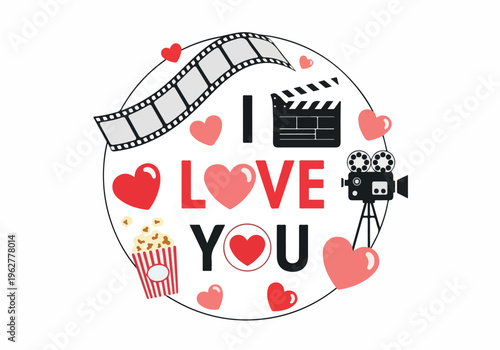 Movie Night Magic Expressing Love with Popcorn, Film Reels, and a Director's Clapboard
