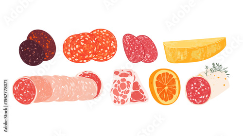 Charcuterie board components featuring salami, cured meat, cheese and orange slice