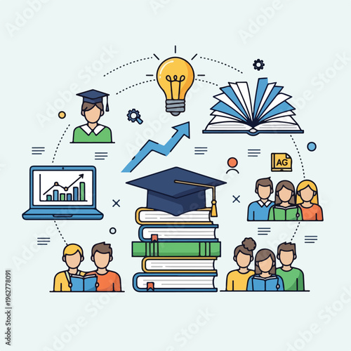 Colorful illustration with books, students, graduation cap, and a lightbulb