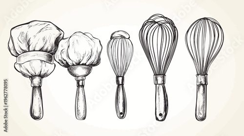 Kitchen utensils drawn in black and white chef hats and wire whisks