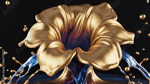 A liquid splash forms a golden flower shape with blue and purple hues