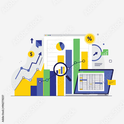 Colorful illustration with data charts, laptop, and magnifying glass