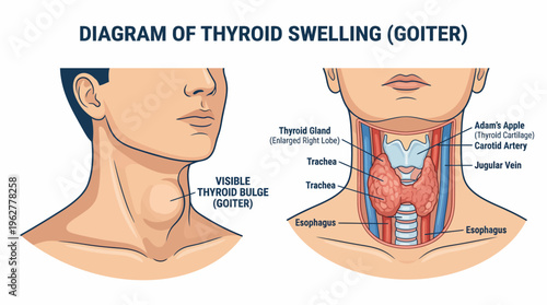 Diagram shows thyroid swelling and goiter in neck with labeled parts