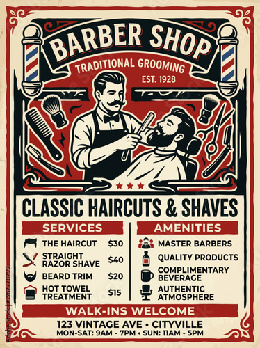 Vintage barber shop advertisement with classic haircut and shave services listed