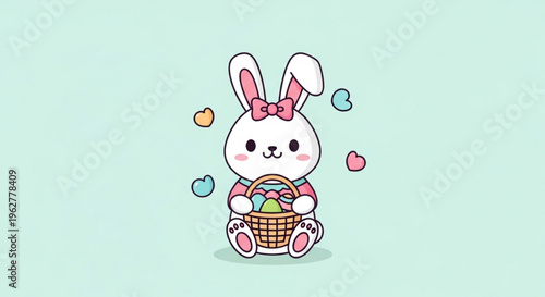 Adorable white bunny with pink bow holding easter eggs in basket on pastel background with hearts