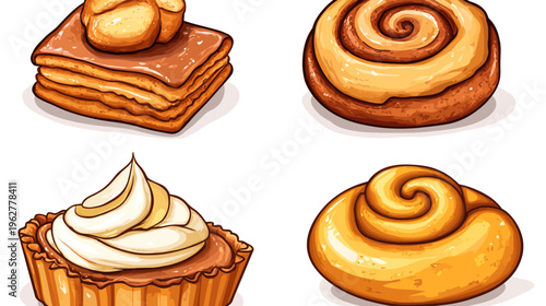 Four cartoon pastries, square cake, swirl bun, cream tart and rolled bun