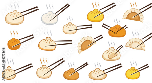Dumplings with chopsticks various colors steaming.