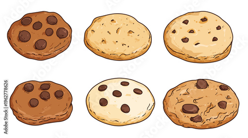 Six cartoon-style cookies of various flavors and shades on a white background