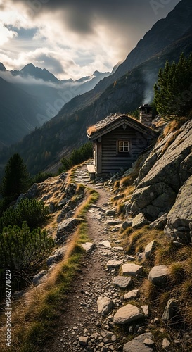 Mountain Cabin Trail Serene Landscape Rocky Terrain Cloudy Sky.