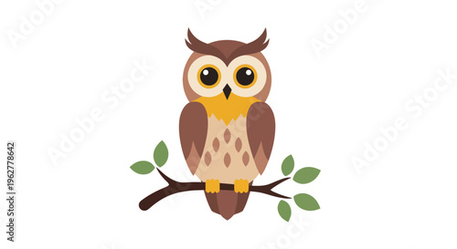 Brown Owl Sitting on Tree Branch.