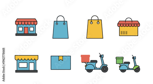 Colorful food delivery icons online.