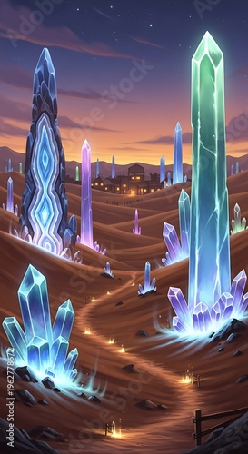 Crystal City at Dusk - A Majestic Landscape of Glowing Structures.