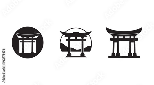 Japanese torii gate icons in various designs and backgrounds  traditional Japanese architecture elements for cultural and religious symbols