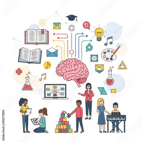 Colorful illustration with people, brain, books, and educational objects