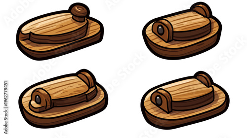Four cartoon wooden structures with knobs, on a white background, cartoon style