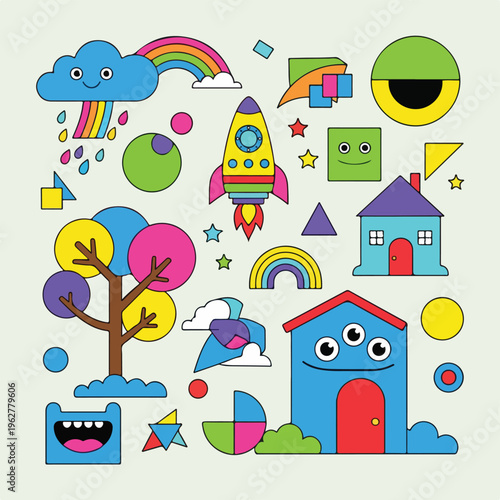 Colorful illustration with various shapes, rainbow, and rocket ship