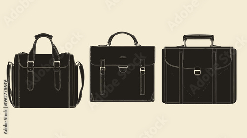 Three classic, outlined dark briefcases with varying designs against a pale background