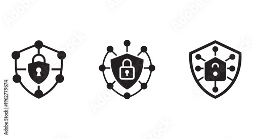 Security shield icons with lock and network connection  cybersecurity concept  protection symbols