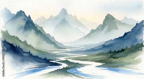 Watercolor painting of a serene mountain landscape with a winding river.