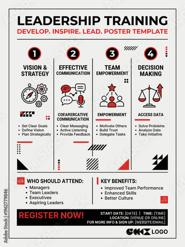 Leadership training poster template for developing effective leaders and inspiring teams
