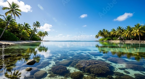 Crystal Clear Tropical Lagoon with Palm Trees and Coral Reefs.