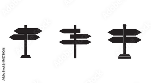 Set of black directional signs on white background for navigation and direction  various signpost icons