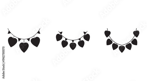 Set of black heart shaped garlands with flags hanging on a string  heart decorations  love symbol  Valentines Day theme